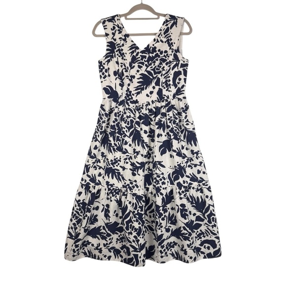 Magaschoni Dresses & Skirts - Magaschoni Floral Linen Blend White Navy Blue Sleeveless Midi Dress Size 8